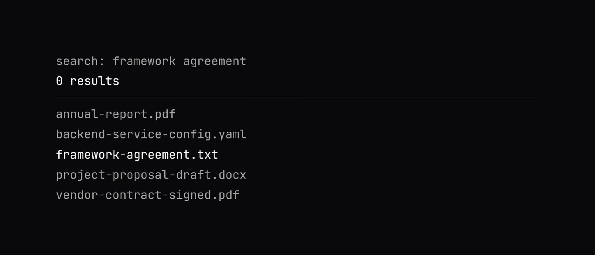 Screencast · zero results for a document sitting one row below in the folder