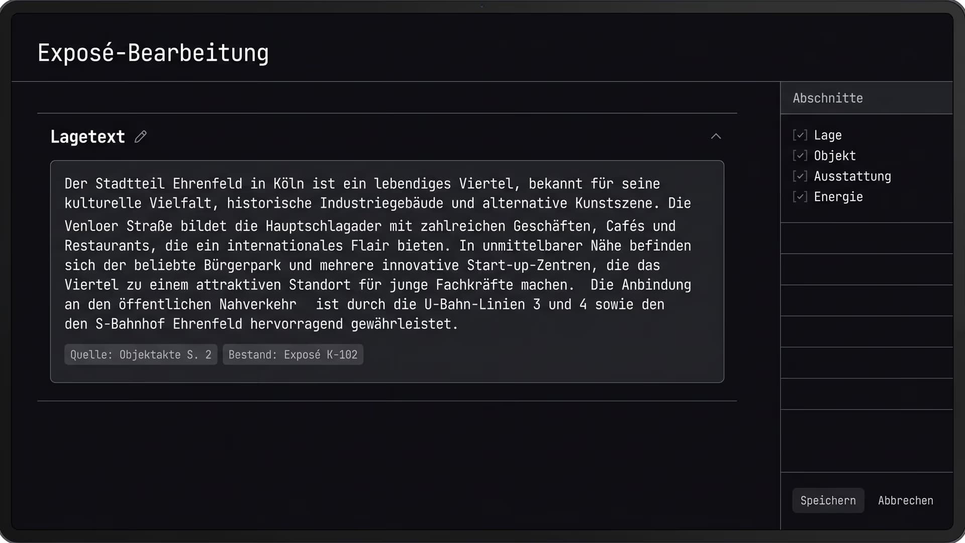 Screenshot: the editing interface, with the source under every paragraph