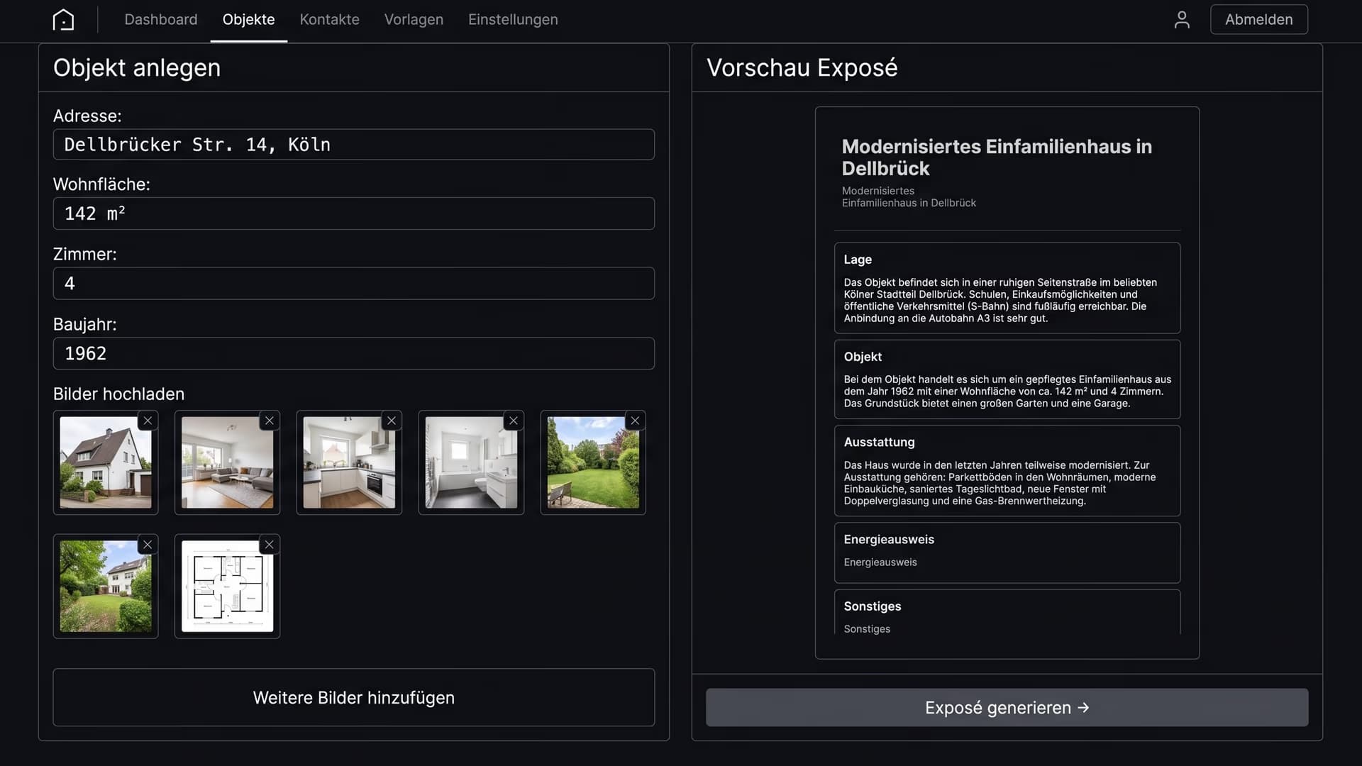 Screenshot · The portal: object data on the left, exposé preview on the right