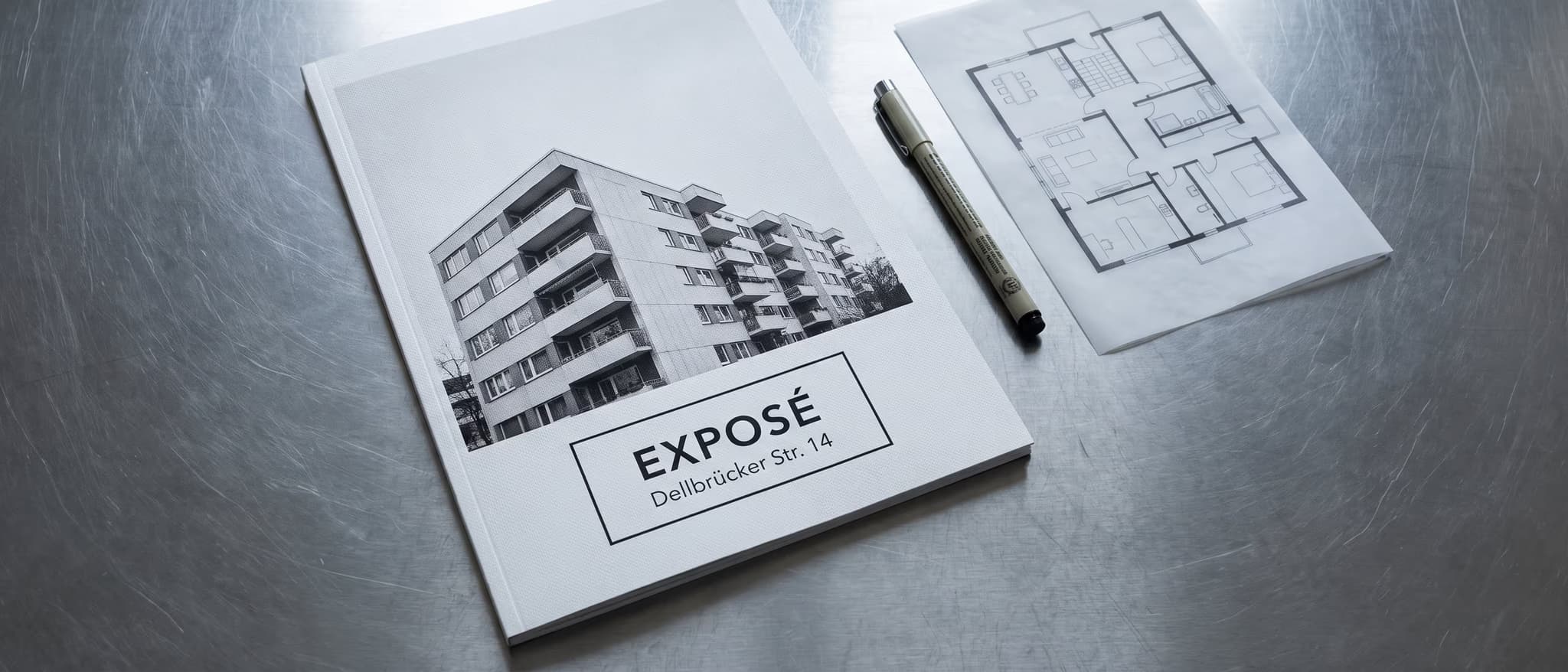 AI image · The finished exposé, printed, on the table