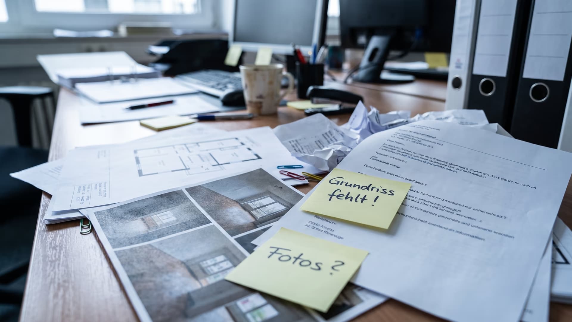 AI image · The application file on the desk, with sticky notes for what is missing