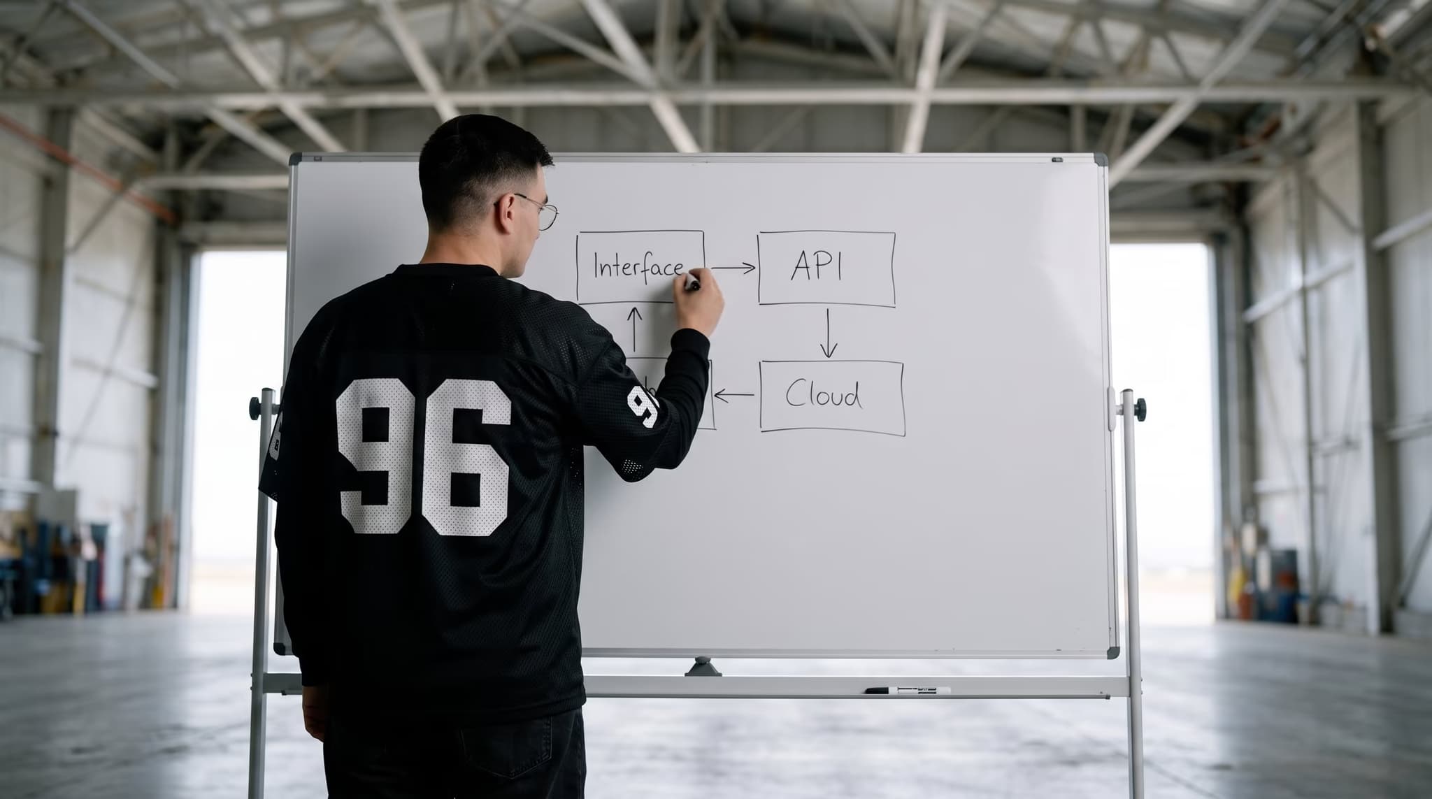 Am Whiteboard im Hangar, die 96 auf dem Rücken, mitten im Zeichnen der vier Schichten