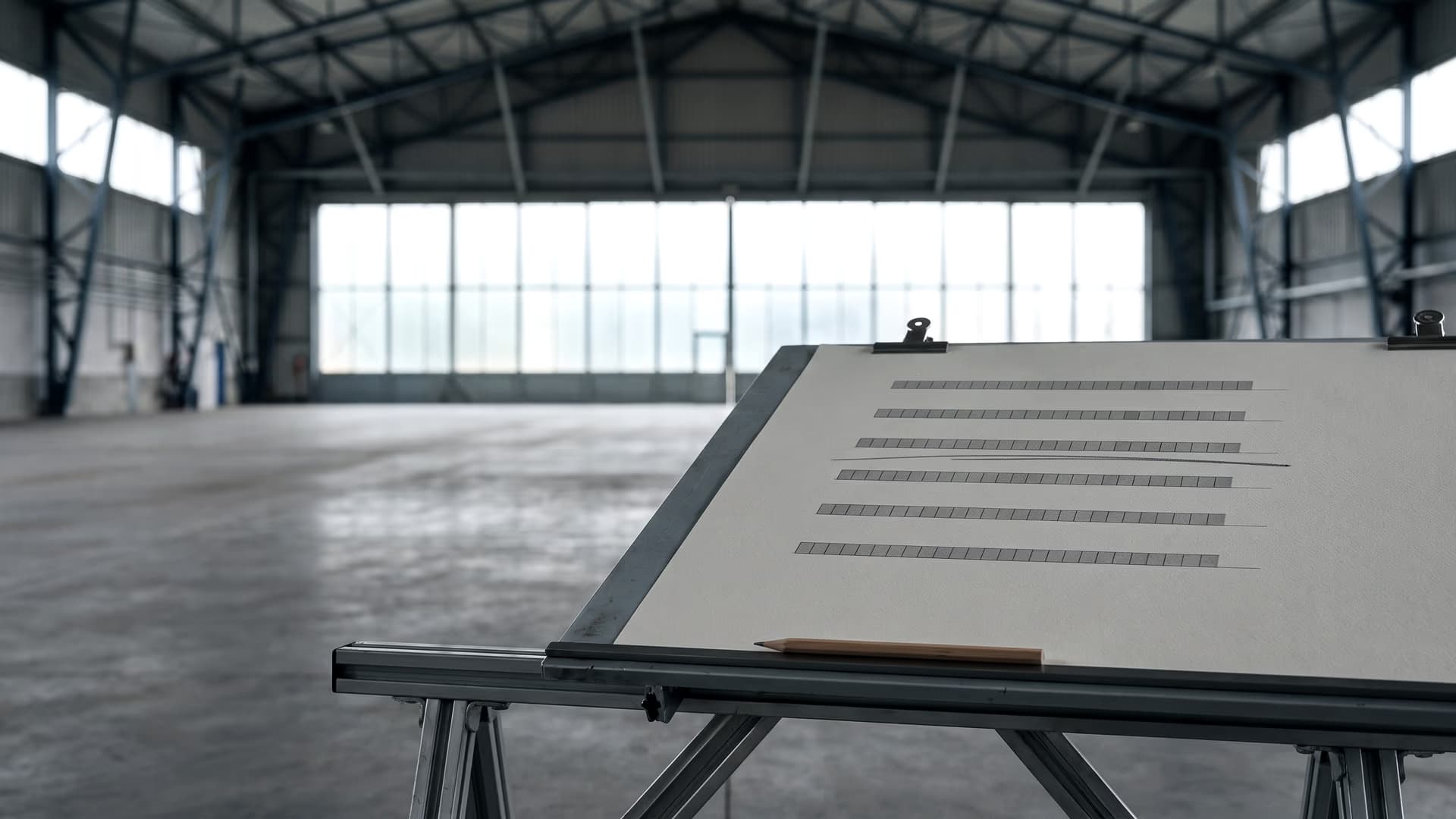 A sheet clipped to a drafting board in the hangar, one line of it underscored by hand