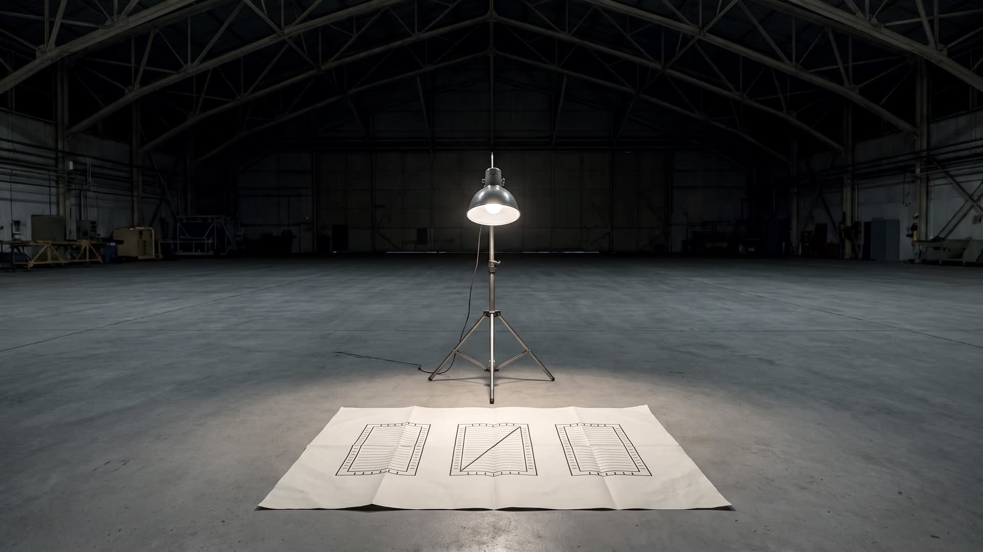 A creased sheet on the hangar floor inside a single lamp’s pool of light, one block struck through