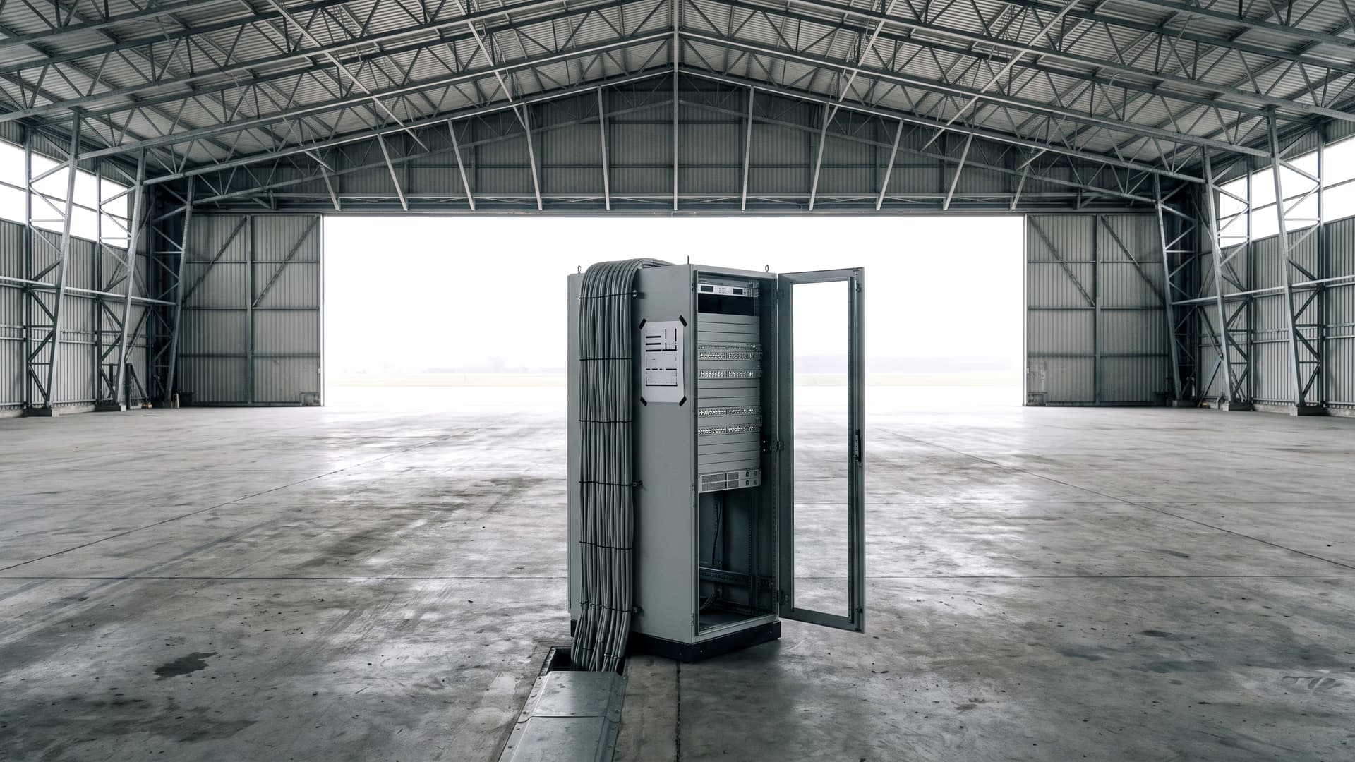 One server rack standing alone on the hangar floor, doors open, its cable run dropping into a floor duct