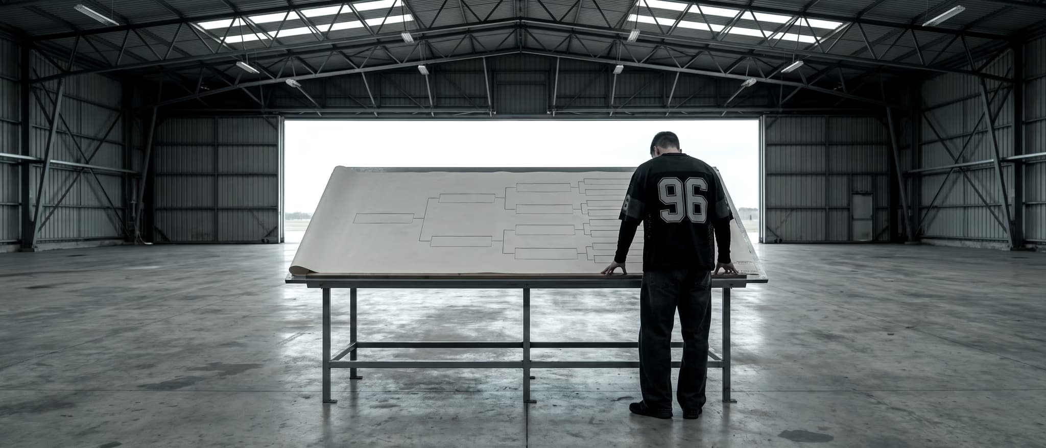 A long plan table alone in a hangar, one large schema sheet unrolled across it, a person reading it against the open gate