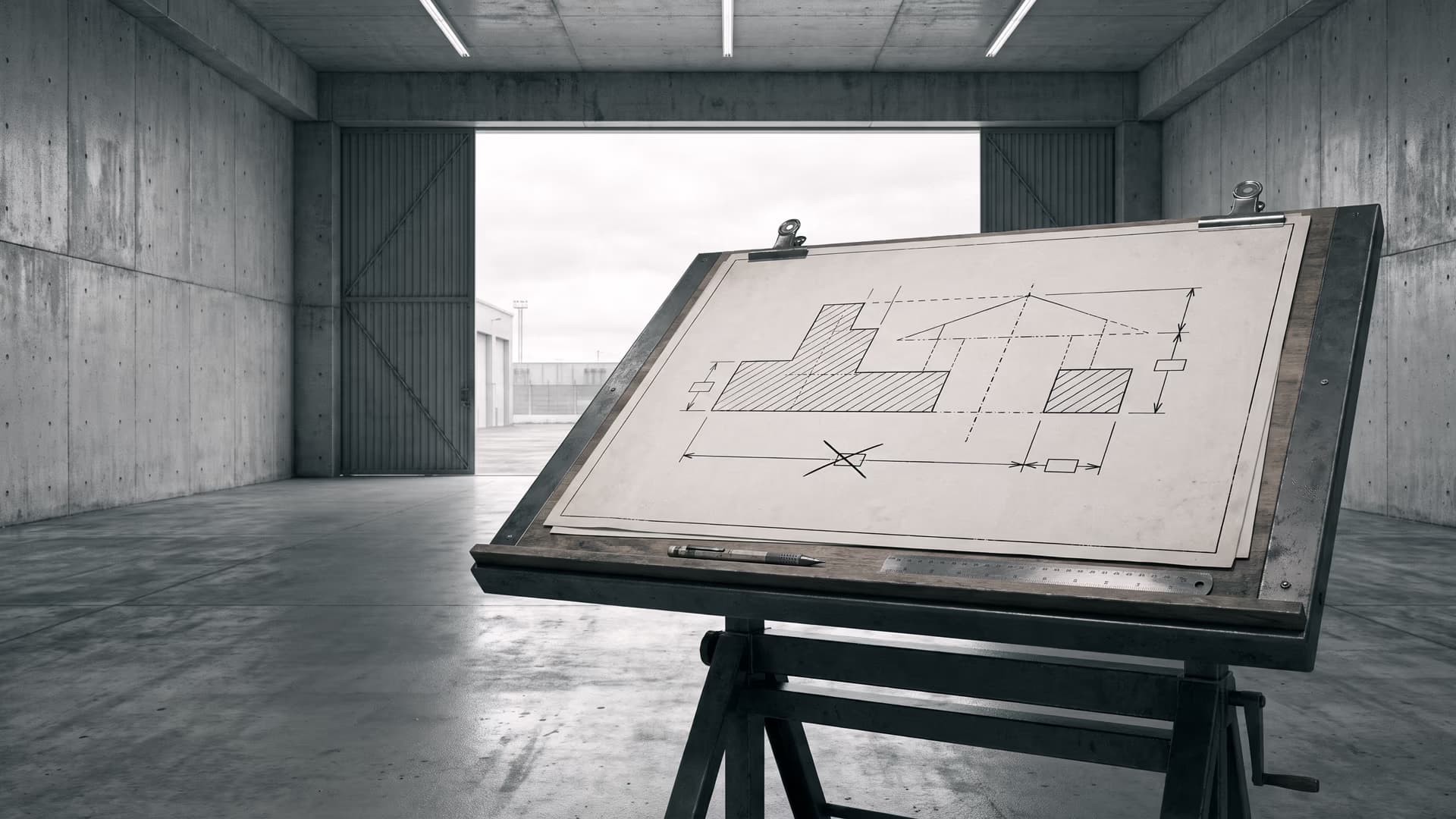 A drafting board in the hangar, a sheet on it carrying a technical profile, one dimension struck out and re-drawn tighter beside it