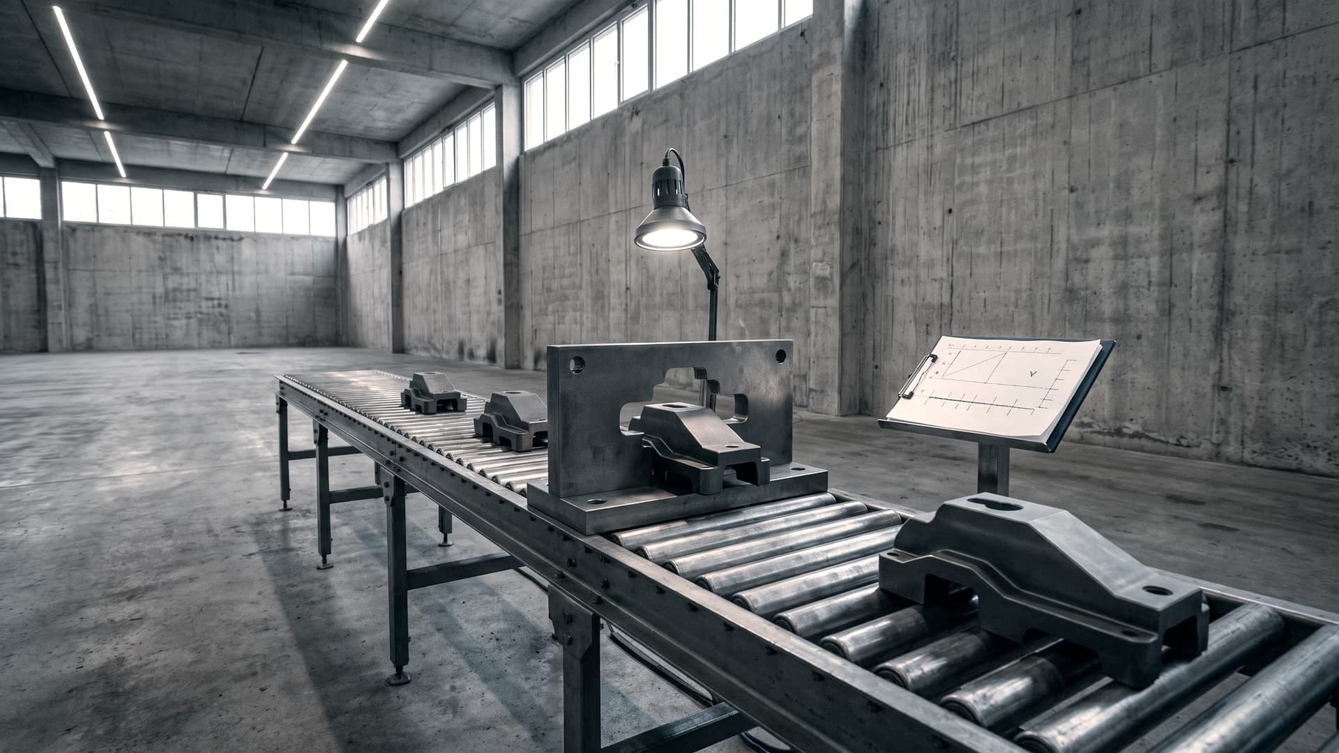 A roller table crossing the hangar carrying identical parts, one fixed gauge above it with a part seated in it right now