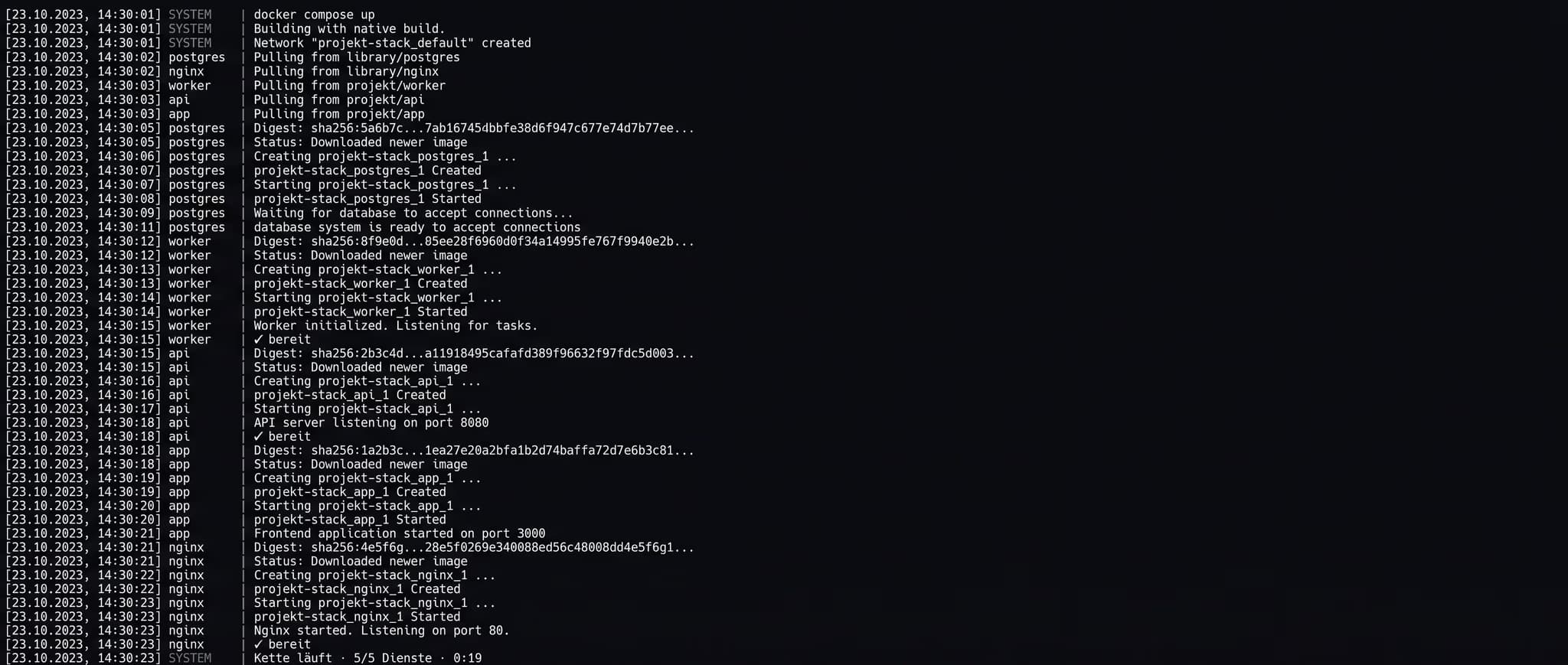 Ceo lanac se podiže: docker compose up, pet servisa, 19 sekundi