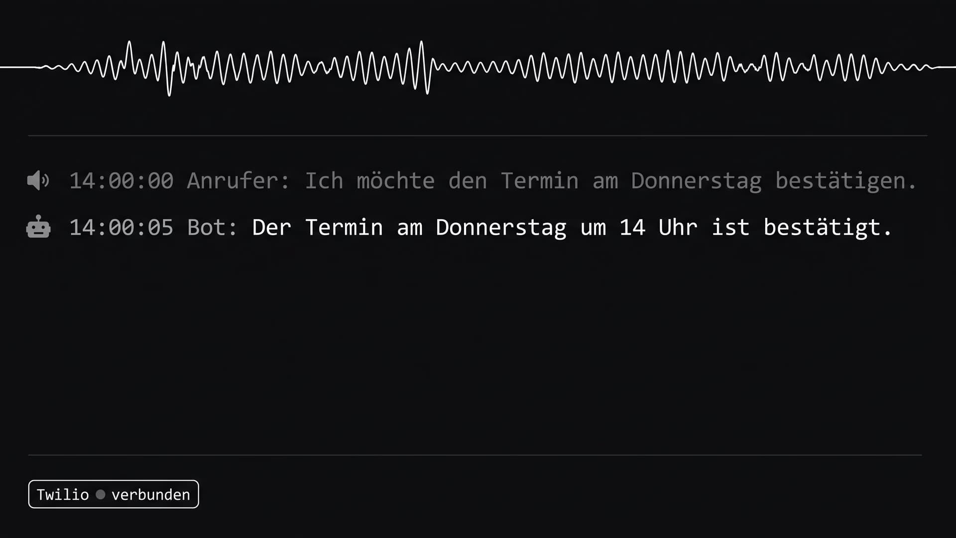 Call interface: waveform and German transcript of the appointment confirmation